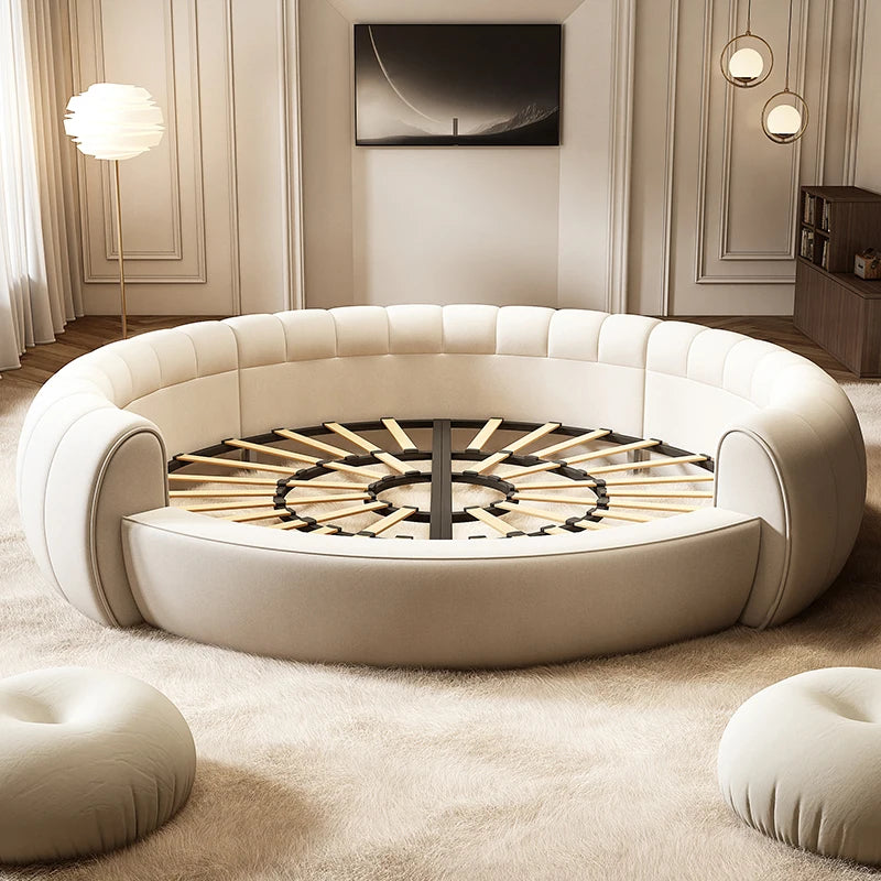 Unique Trendy Modern, Round Queen Bed Lounge Suite, White Cream ,