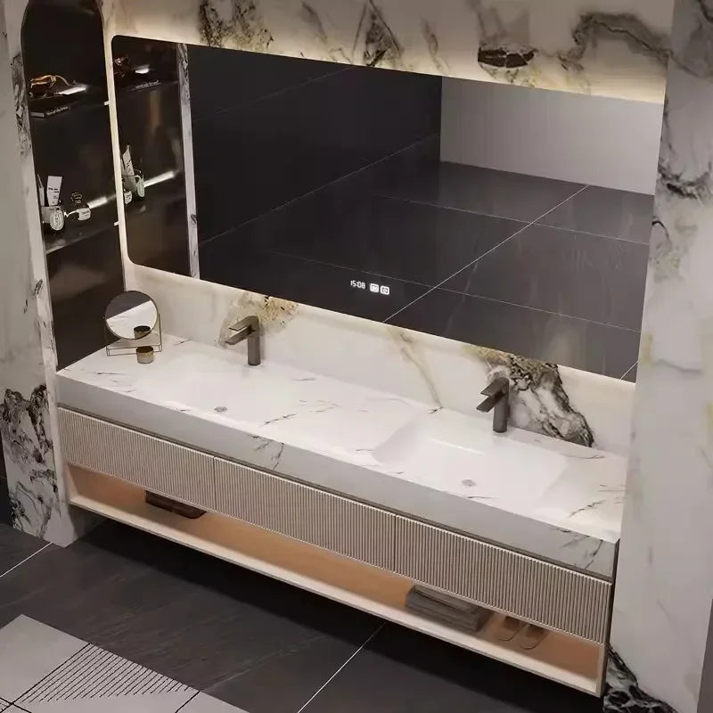 French Light Luxury Rock Slab Seamless Double Basin Cabinet Combination Solid Wood Washbasin Cabinet