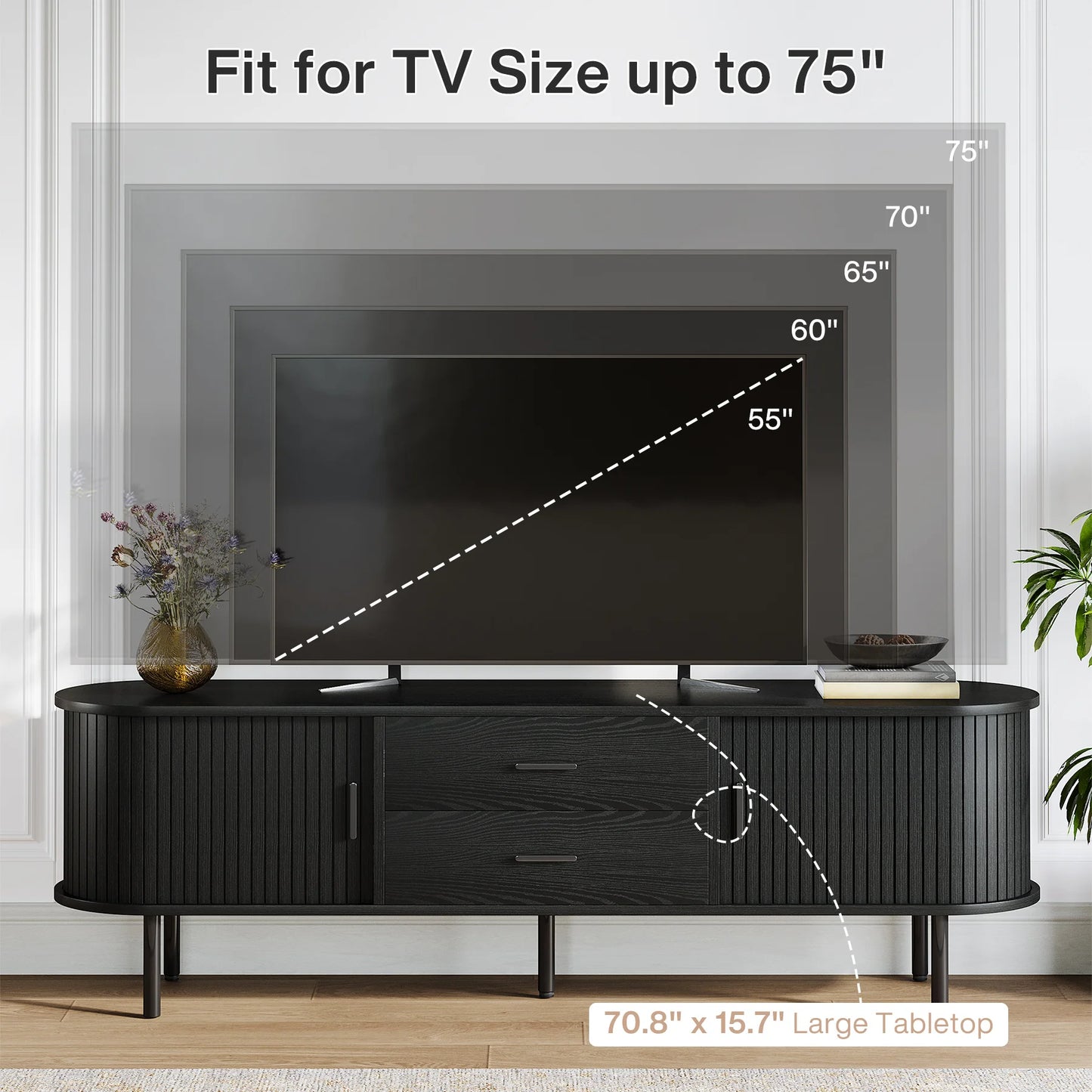 Tribesigns   Mid-Century Modern TV Stand with Sliding Tambour Door, Drawers and Adjustable Shelves, Long Fluted
