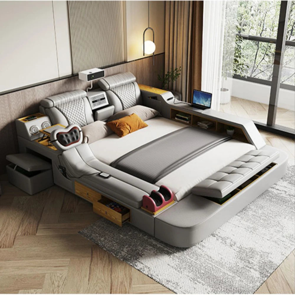 Tech Smart Ultimate Multifunctional Bed Frame with Genuine Leather, Massage, Speaker, Projector, Air Purifier