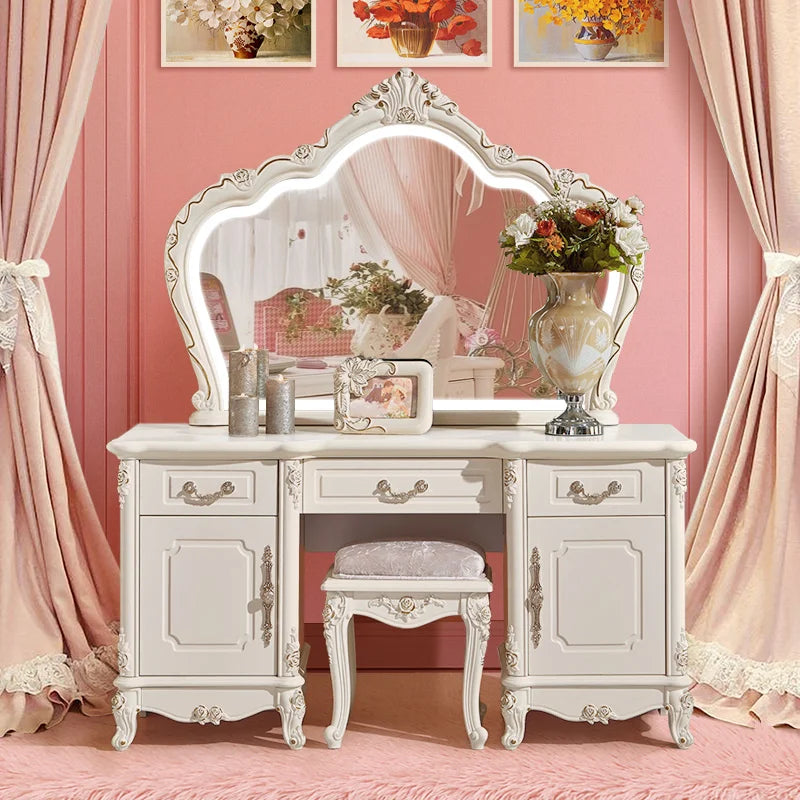 Nordic European Luxury  Girls Wooden White Tall Makeup Vanity