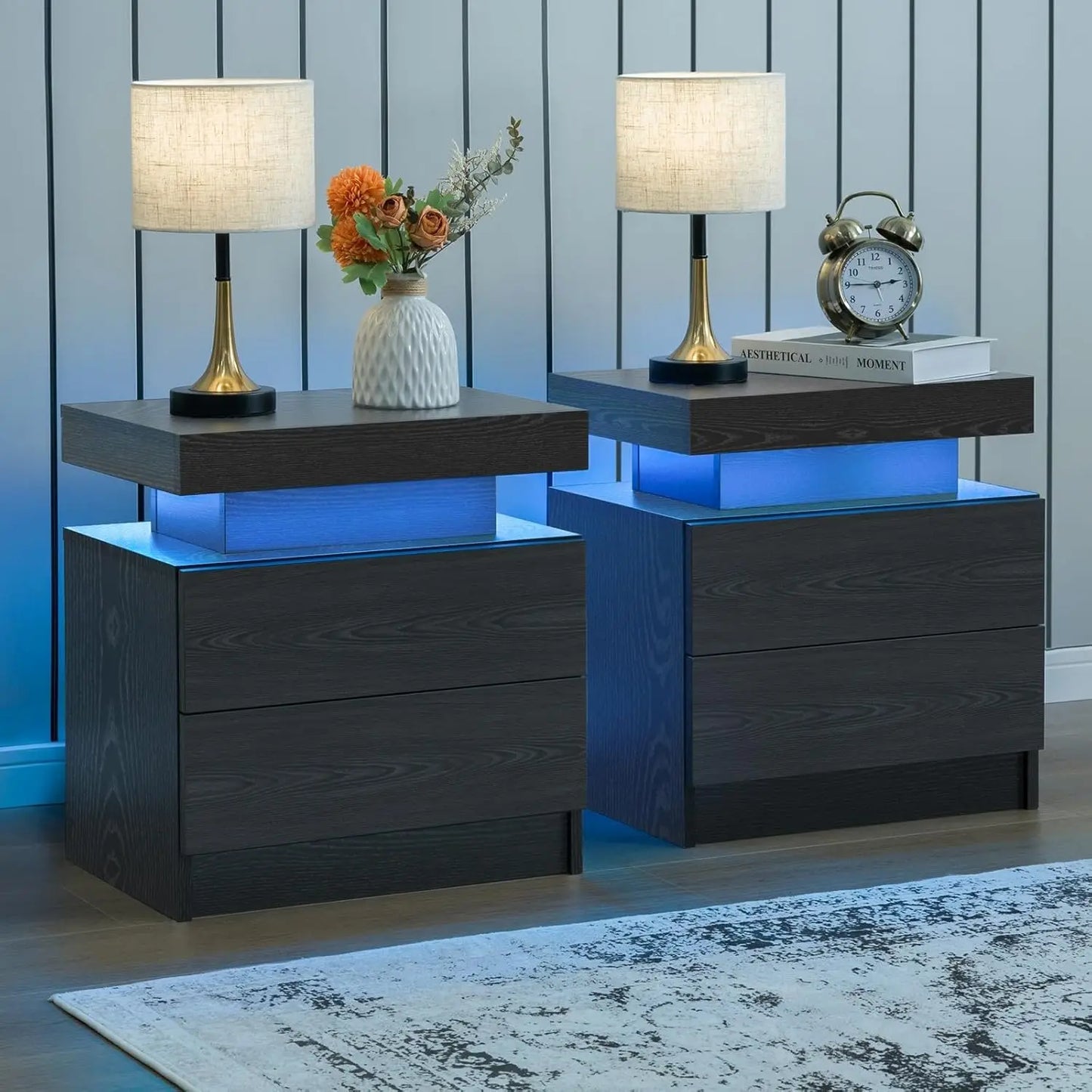 Set of 2 nightstands with LED lights with 2 drawers, bedside table with drawersSet