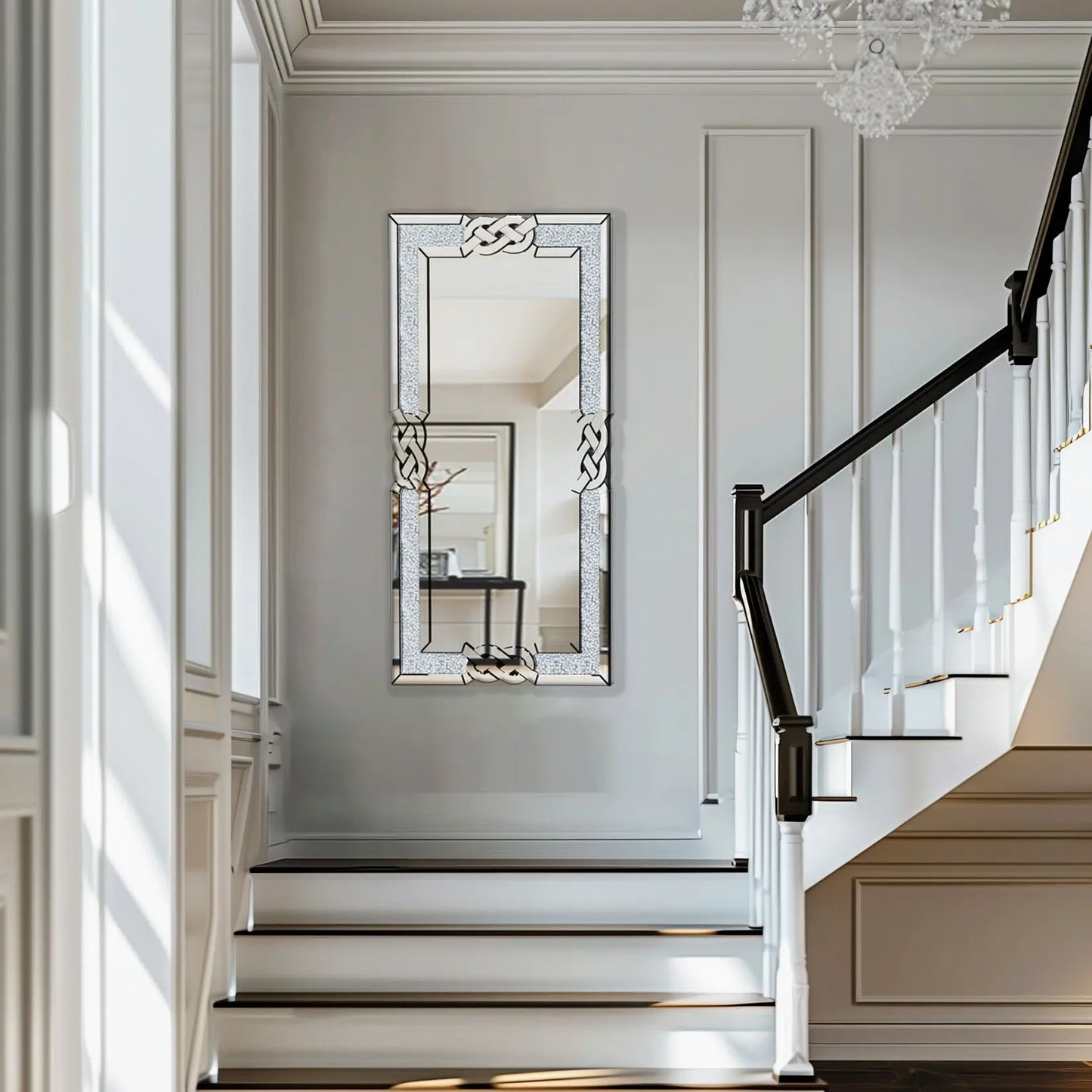 Rectangular Wall Mirror Luxury Silver , Crystal Crush Diamond Decor