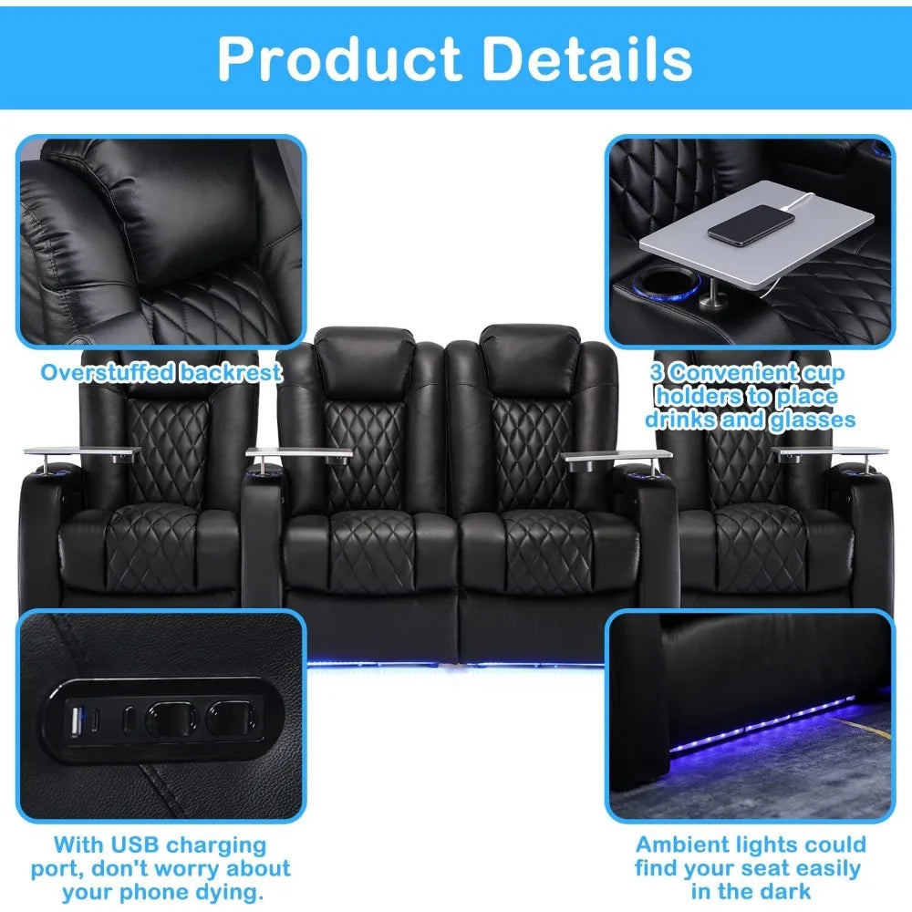 Top Grain Leather Recliner  Dual Power  Electric Headrest with Tray Table Type-C USB ,Black Cup Holders