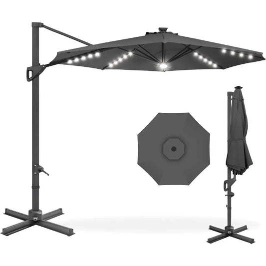 Solar LED Cantilever  Umbrella, 360 Rotation Hanging Offset, Outdoor Sun Shade fo, Deck