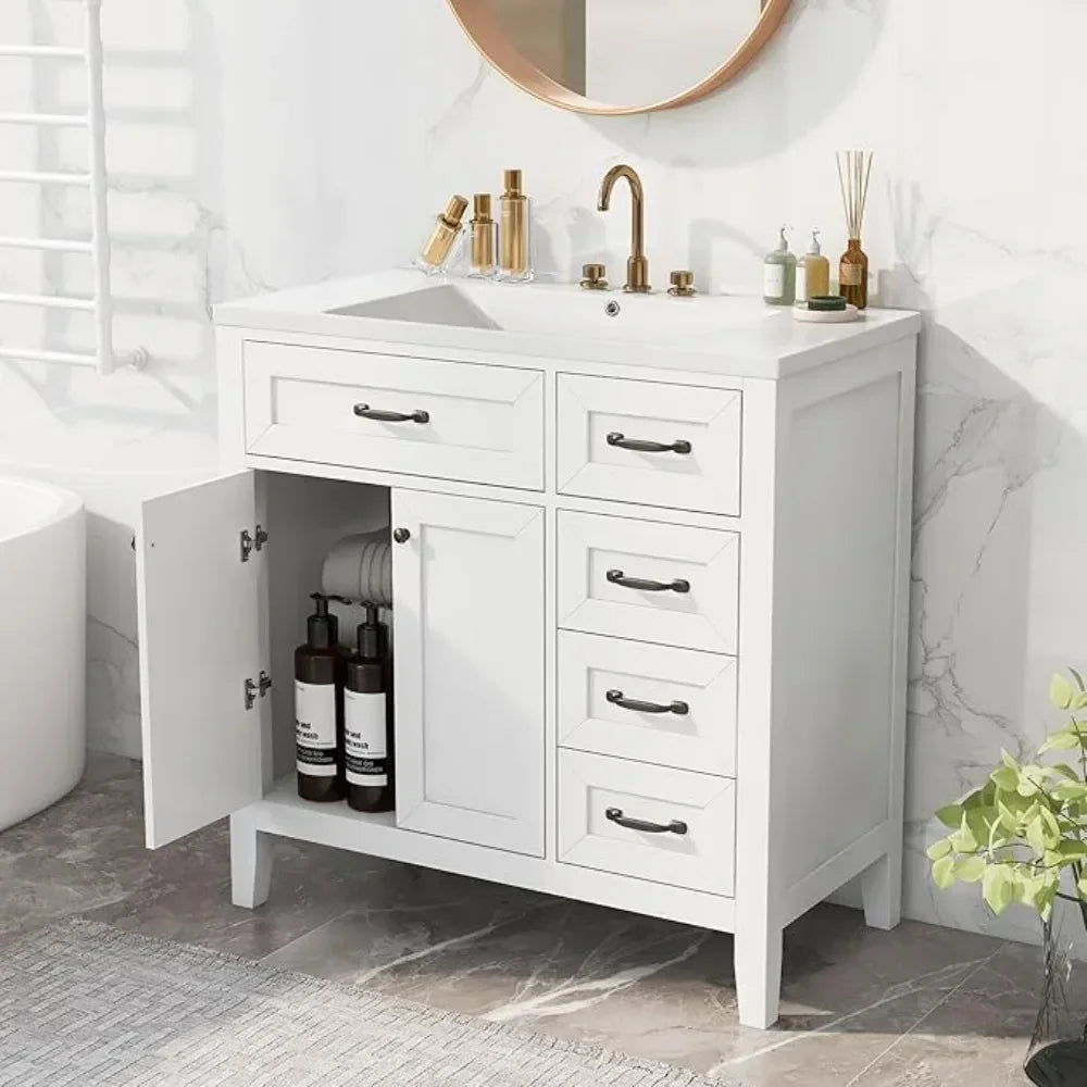 Wood  Vanity Set, white sink, cabinet w 3 drawers, doors