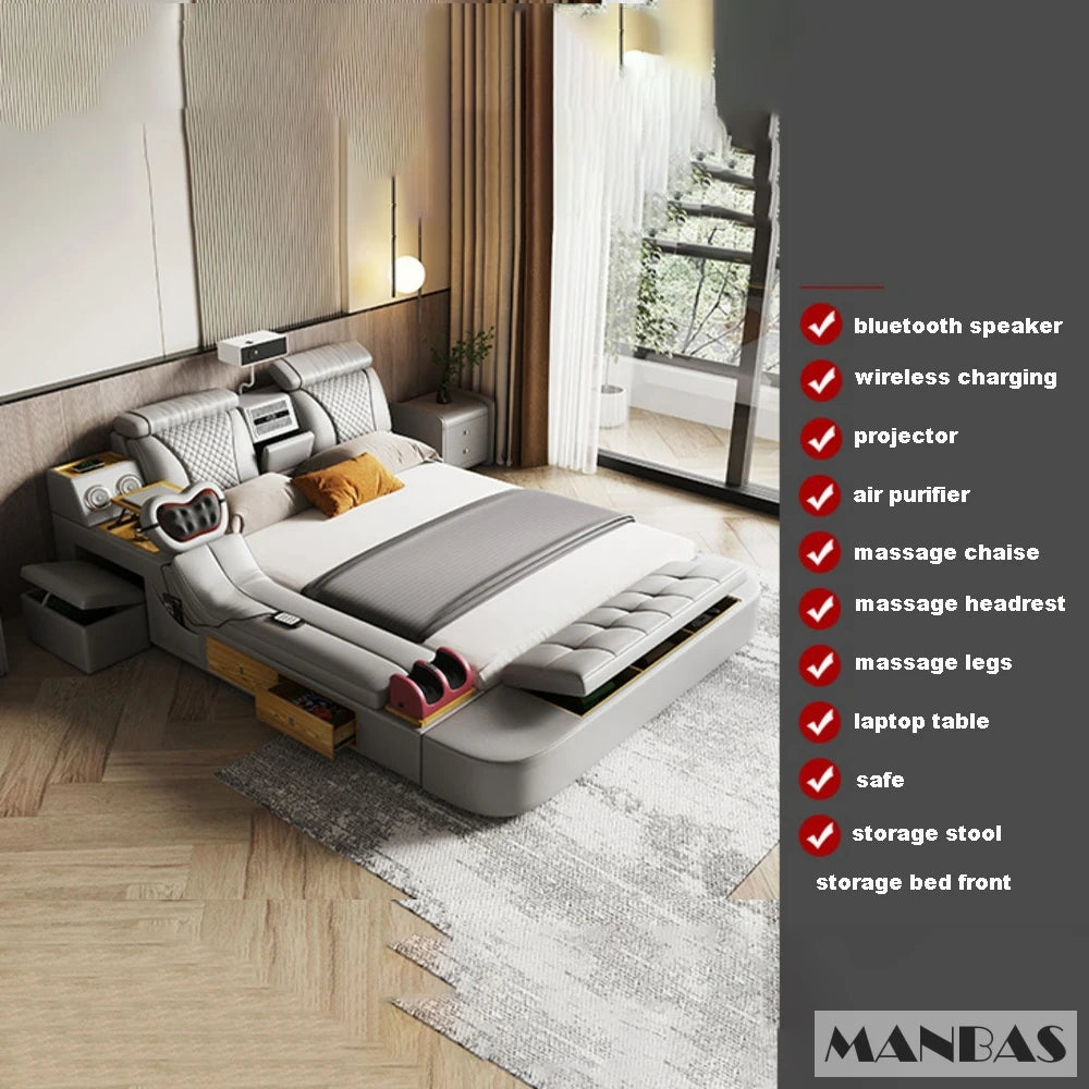 Tech Smart Ultimate Multifunctional Bed Frame with Genuine Leather, Massage, Speaker, Projector, Air Purifier