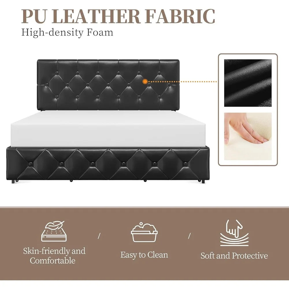 Platform Bed, Frame, Upholstered, Faux Leather, 4 drawers