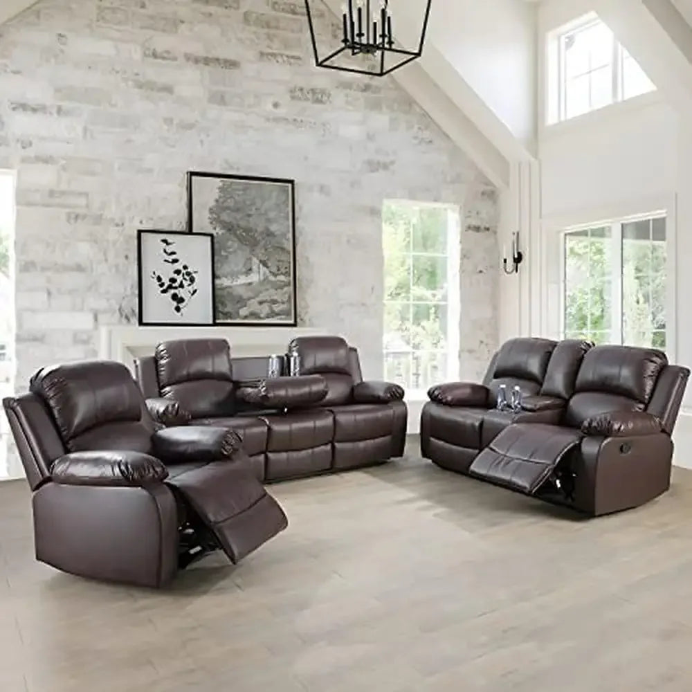 3-Piece Leather Recliner Sofa Set  Manual Reclining Couch and Loveseat with Cup Holders Easy Assembly