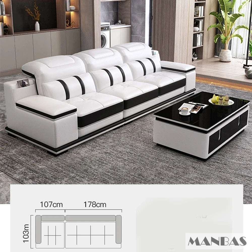 Modern Genuine Leather Sofa - Stylish Italian   with Bluetooth Speaker, USB & Adjustable Headrests