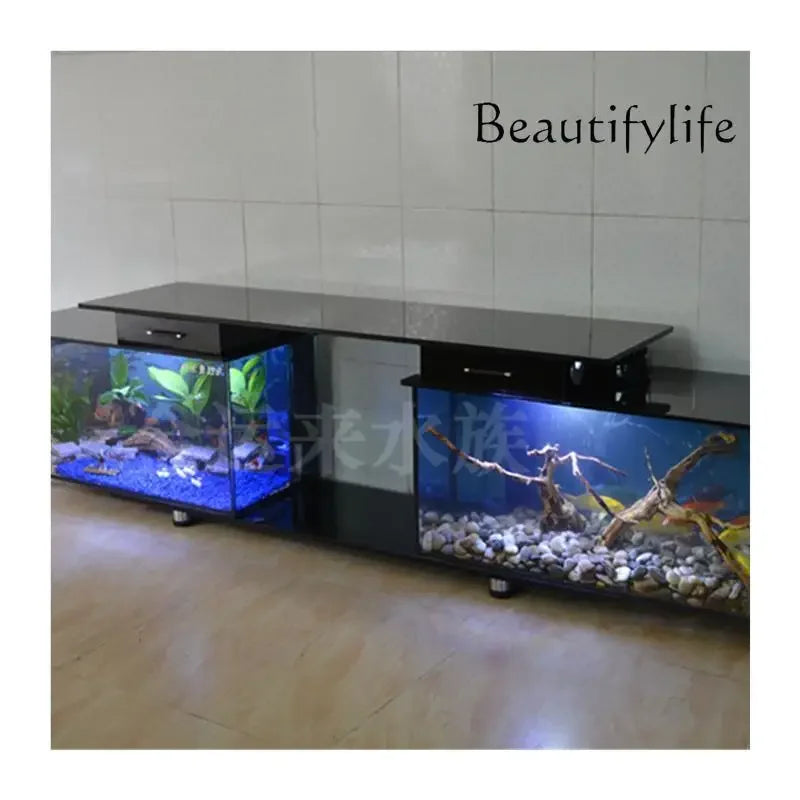 Household TV cabinet fish aquarium ,ultra white , glass table, water-free, double tank