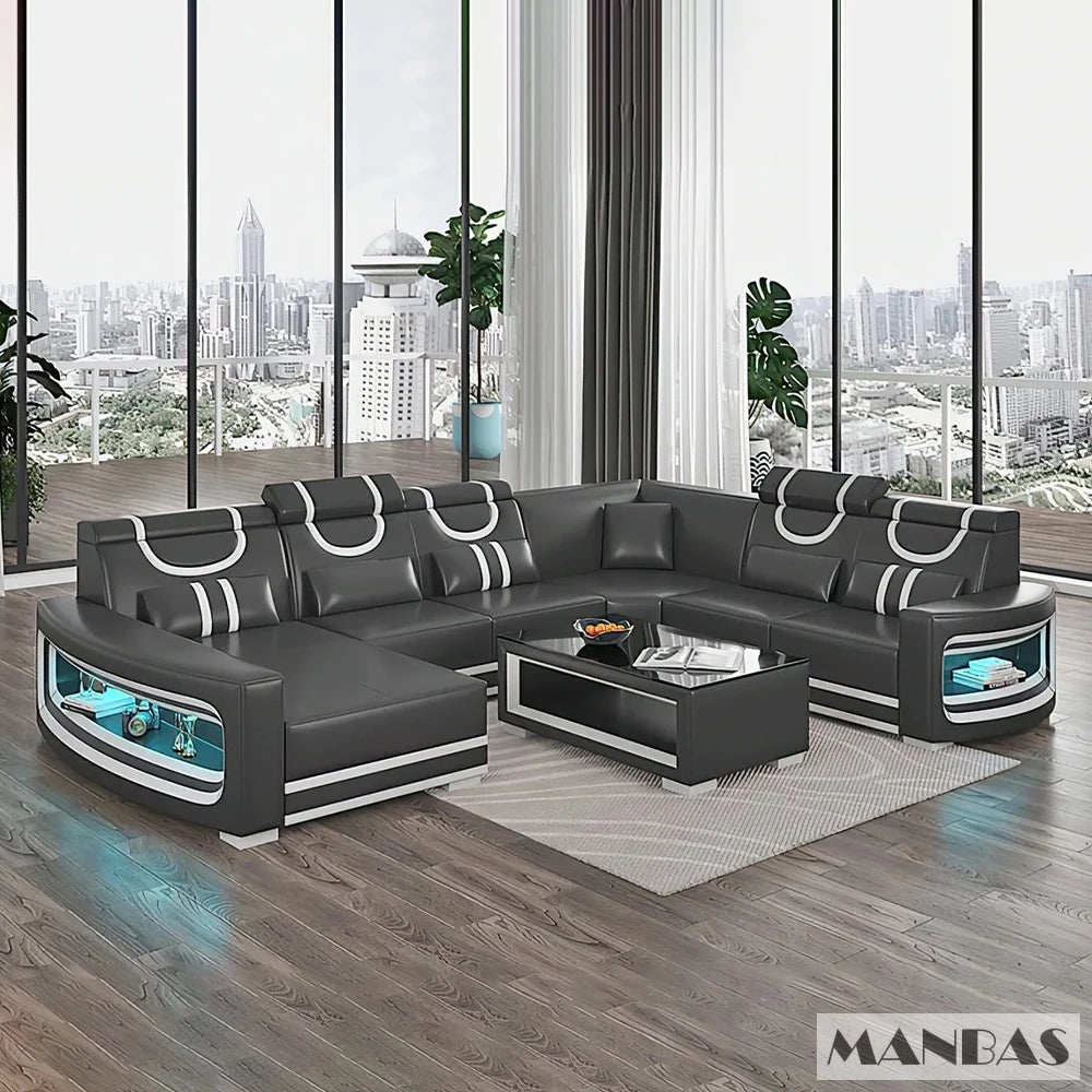 Italian Genuine Leather Sofa - 2 Colors Combination, LED Light & Soft Cushions