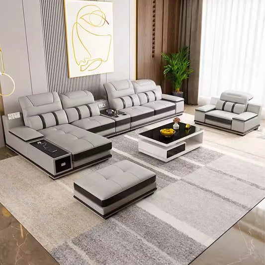 Modern Genuine Leather Sofa - Stylish Italian   with Bluetooth Speaker, USB & Adjustable Headrests