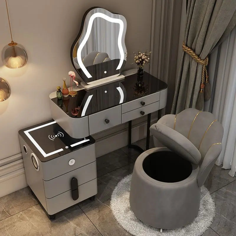 Nordic Vanity Glass Luxury table with charging wireless, nightstand with cloud mirror