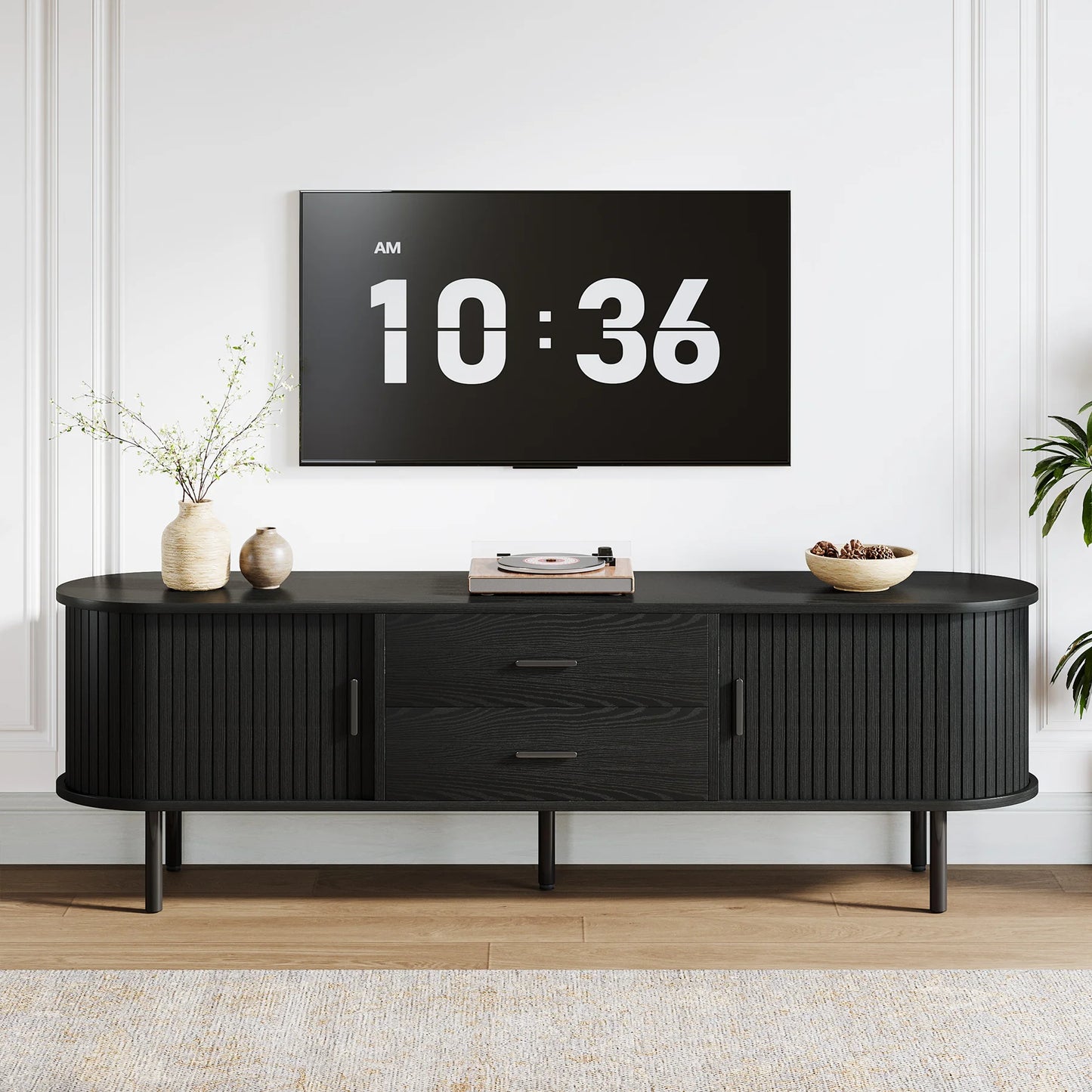 Tribesigns   Mid-Century Modern TV Stand with Sliding Tambour Door, Drawers and Adjustable Shelves, Long Fluted