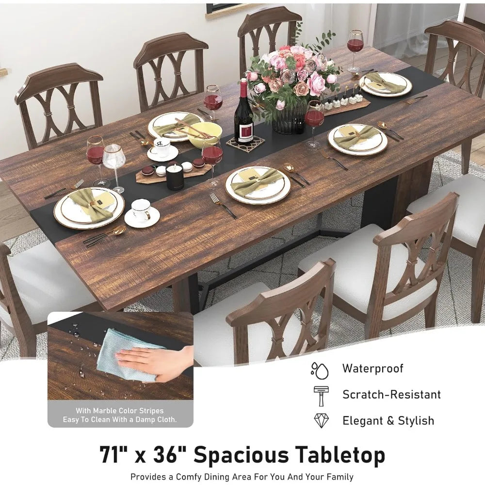 Large, rectangular  brown table, moisture resistant tabletop, adjustable legs