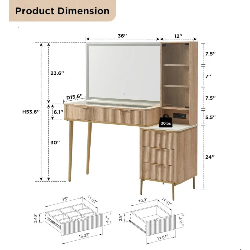 TREAM Makeup  HD Lights, Big Vanity Mirror,,Dressing Table with 5 drawers