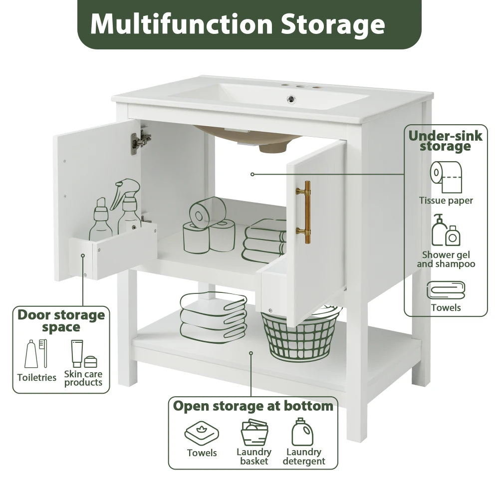 Small White Vanity with Ceramic Sink ;Versatile Storage