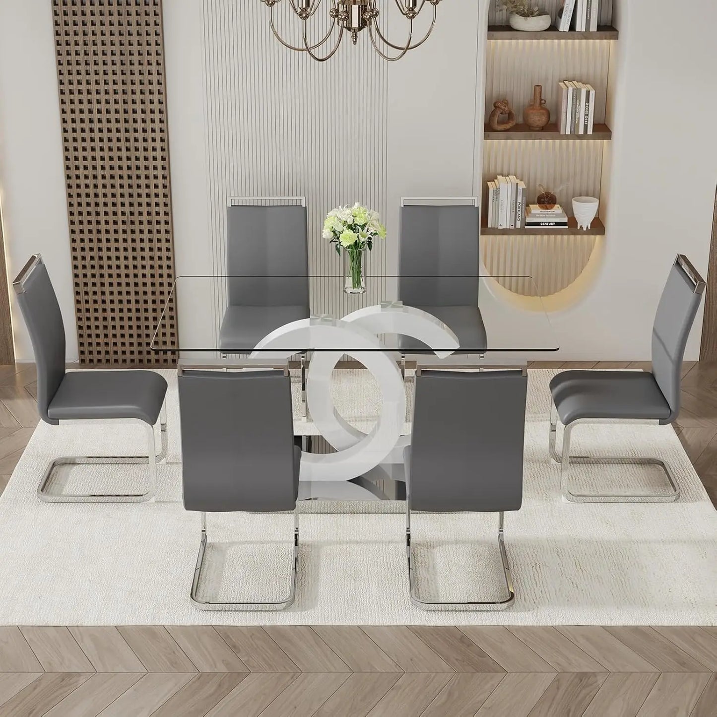 Glass Table Set for 6 ,7 Piece Set, Tempered Glass Top,  PU Leather,  Chairs ,Easy Assembly