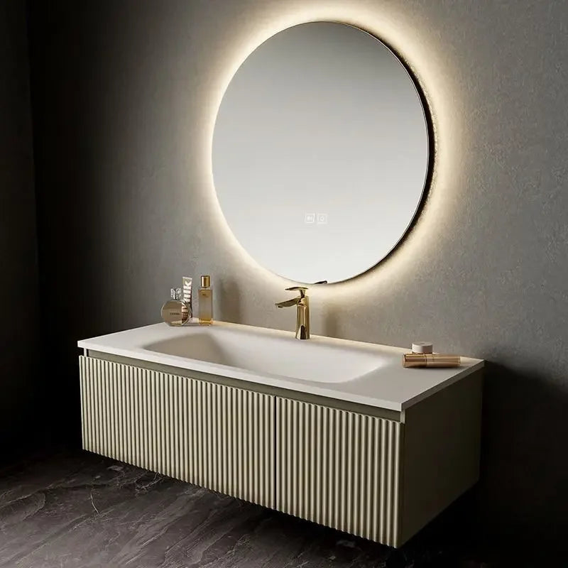 Light Luxury Oak  Cabinet LED Smart Mirror Slate Integrated  Vanity Sink