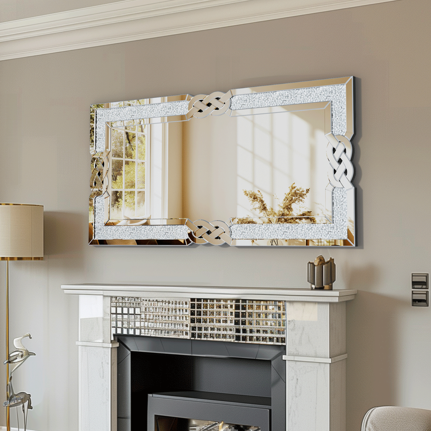 Rectangular Wall Mirror Luxury Silver , Crystal Crush Diamond Decor