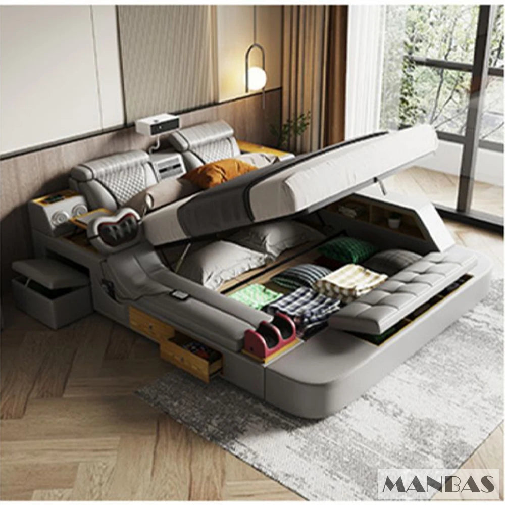 Tech Smart Ultimate Multifunctional Bed Frame with Genuine Leather, Massage, Speaker, Projector, Air Purifier