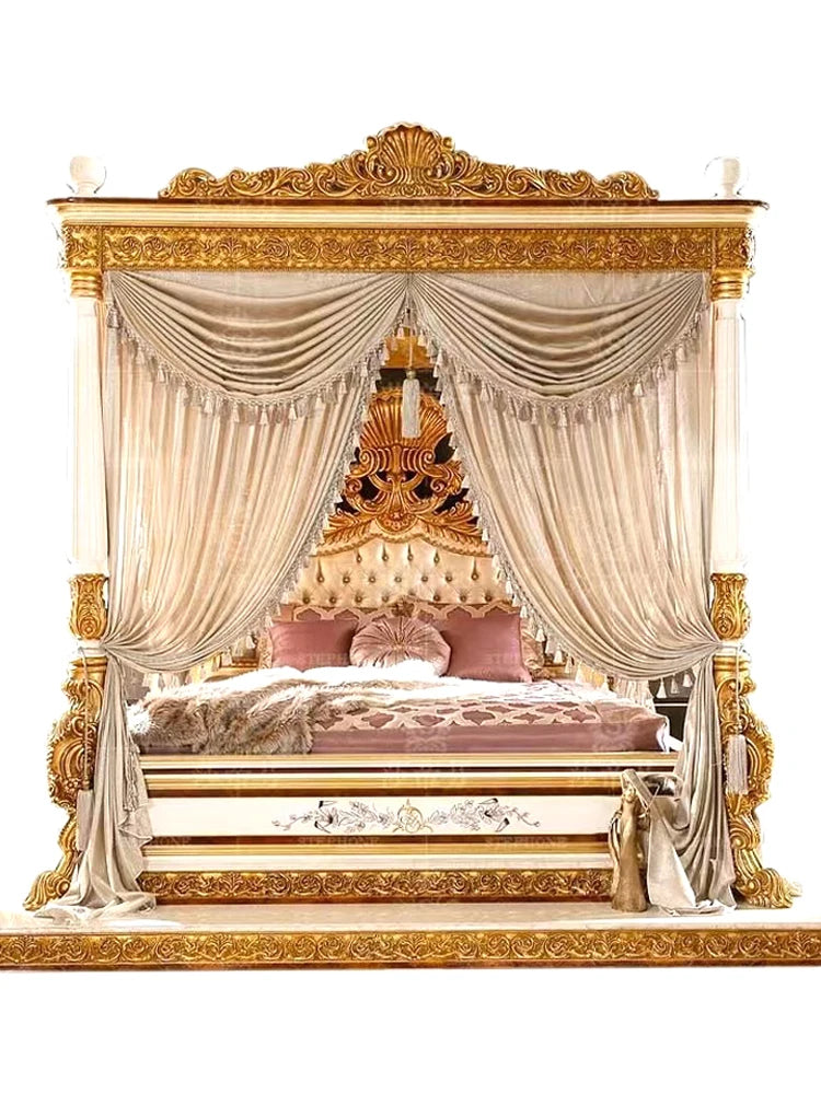 French style palace Customized solid wood carved double bed  high-end, grand, beautiful, European style light luxury