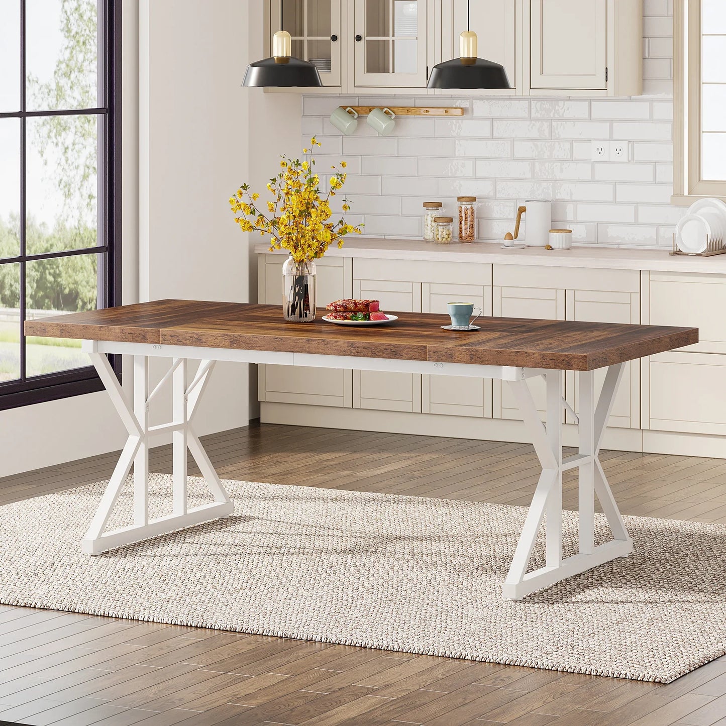 Rectangular Wood  Table, Rustic with Heavy Duty Metal Legs for 6 people