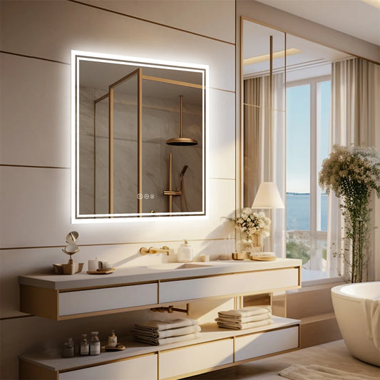 Wall Mounted Mirror Square LED Lighted Toilet , Washroom Sink , Dimming Defog Mirror for Shower , Shaving , Makeup