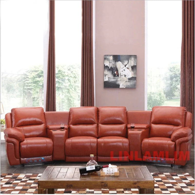 MINGDIBAO  Italian  Genuine Leather Sofa Retractable Theater Reclining Armchair 4 Seater manual and electric