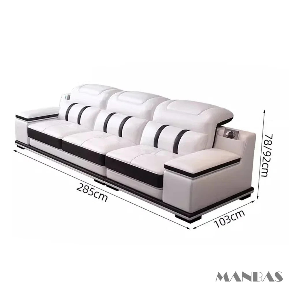 Modern Genuine Leather Sofa - Stylish Italian   with Bluetooth Speaker, USB & Adjustable Headrests