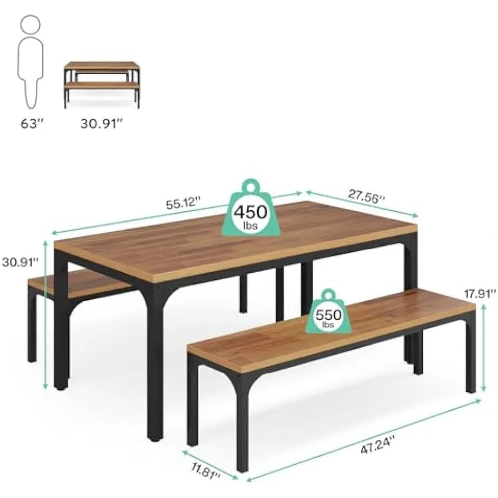 Large Wooden Rectangular Table  Set for  6, 2 benches