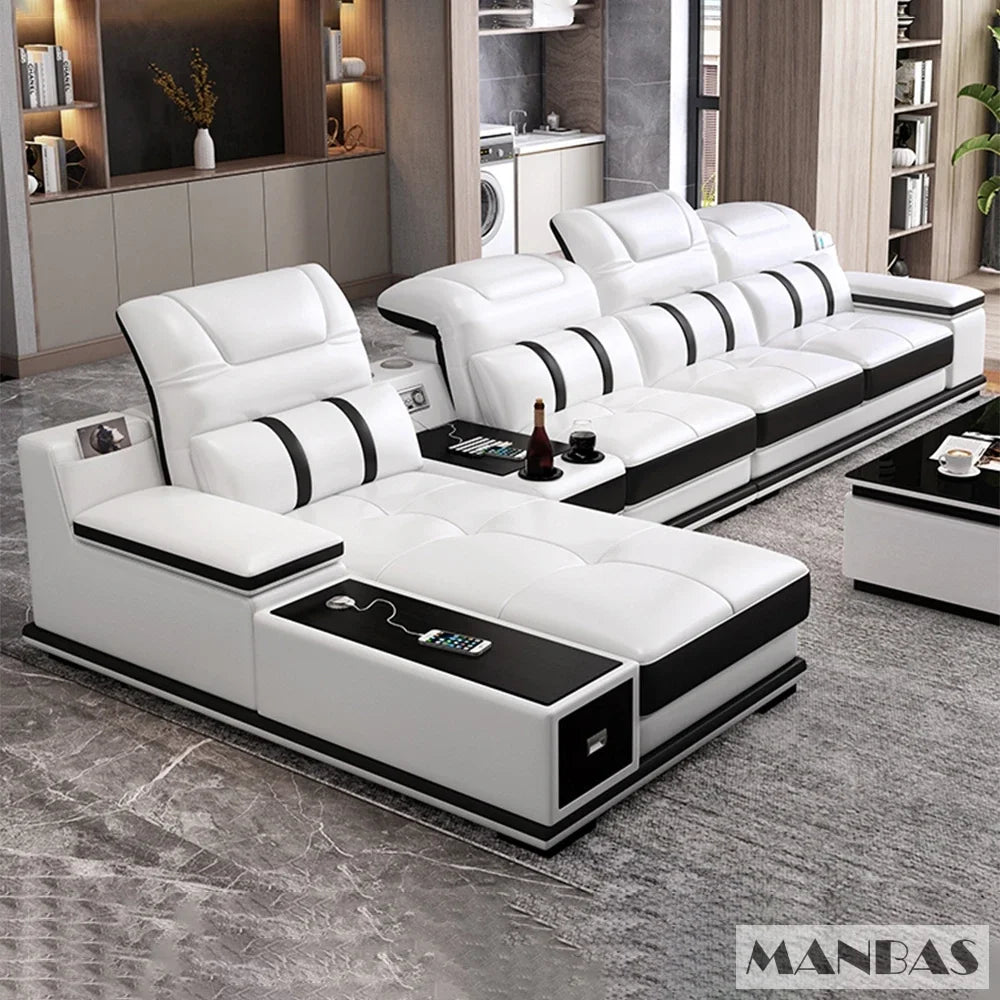 Modern Genuine Leather Sofa - Stylish Italian   with Bluetooth Speaker, USB & Adjustable Headrests
