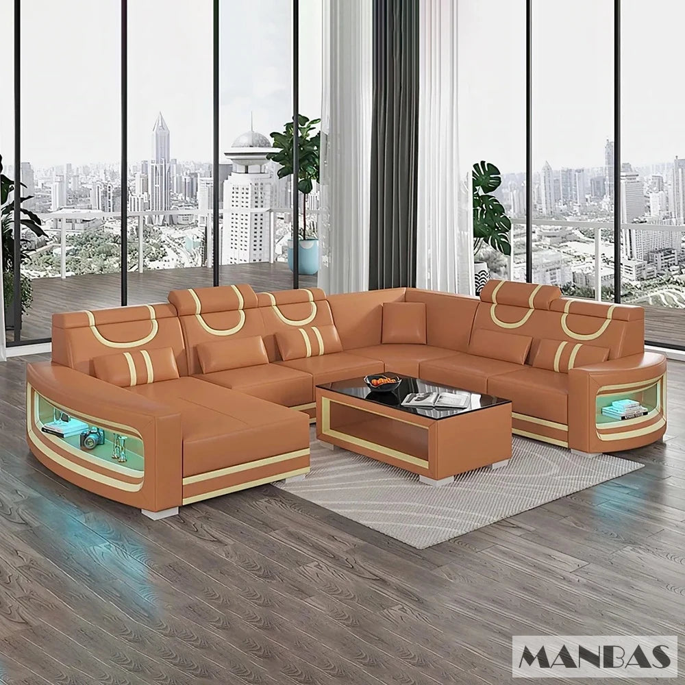 Italian Genuine Leather Sofa - 2 Colors Combination, LED Light & Soft Cushions