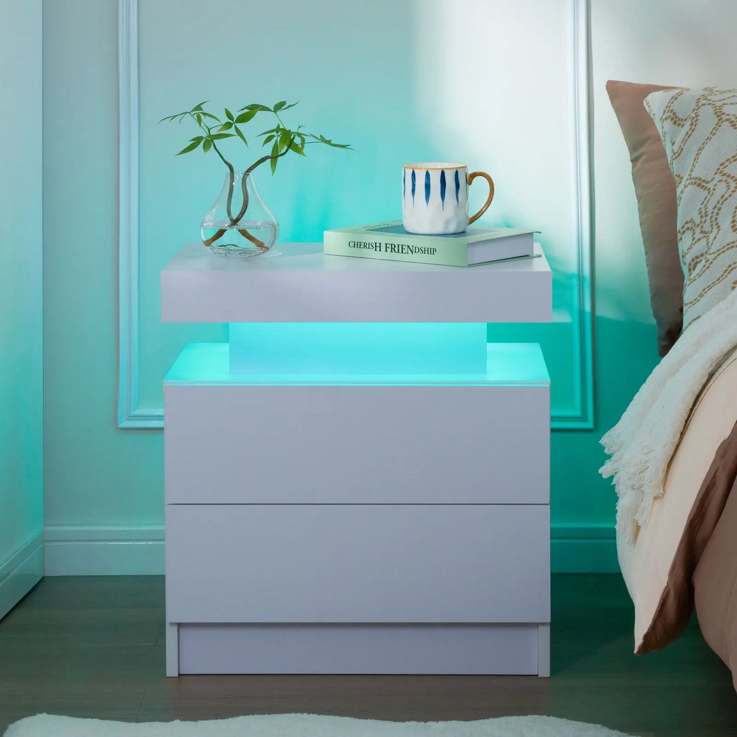 Set of 2 nightstands with LED lights with 2 drawers, bedside table with drawersSet