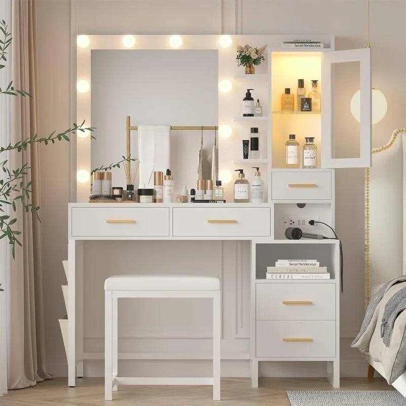 White Vanity Desk with Mirror and Lights, ,Charging Station, LED Cabinet, 5 Drawers & Storage Bag