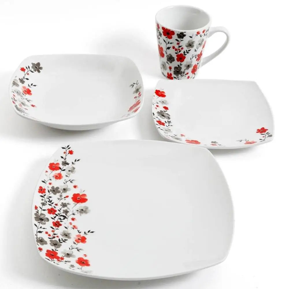 16pc Floral Ceramic Set White, 4 Bowls Plates Mugs