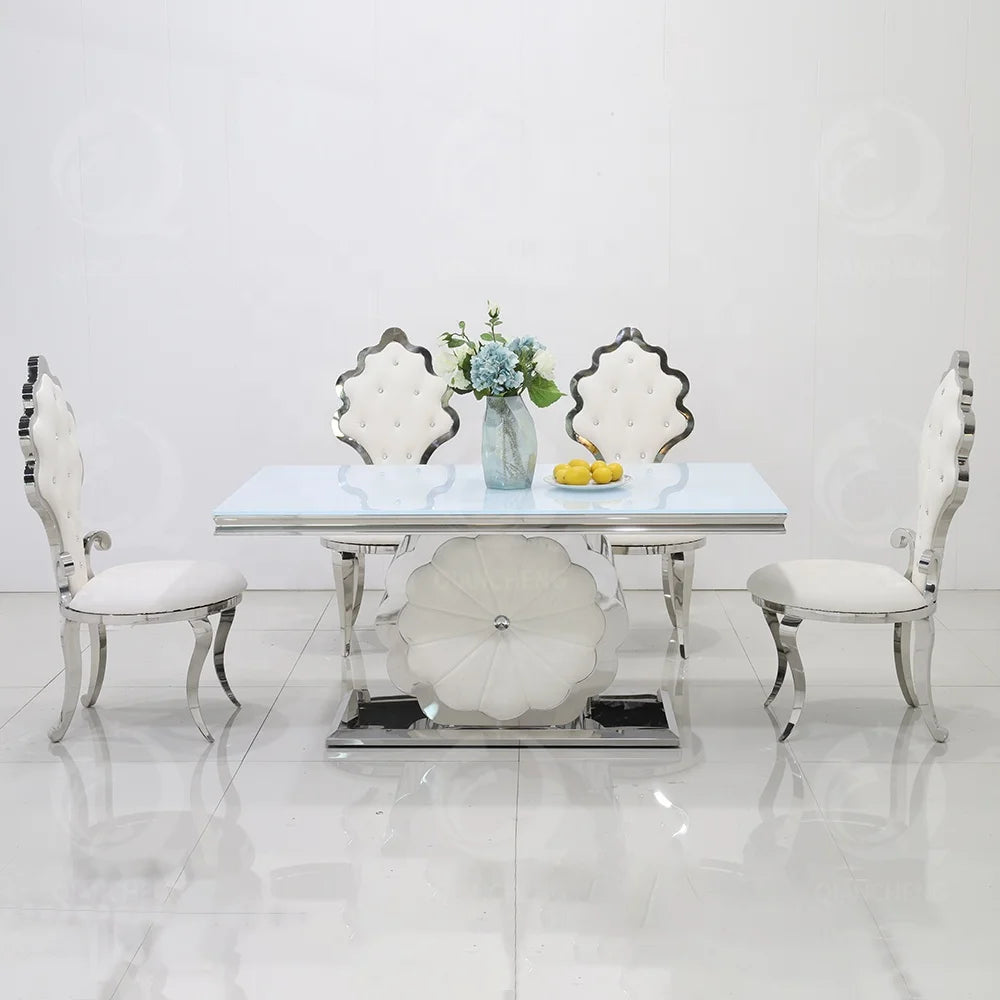Modern flower stainless steel table set with 8 chairs white gloss glass