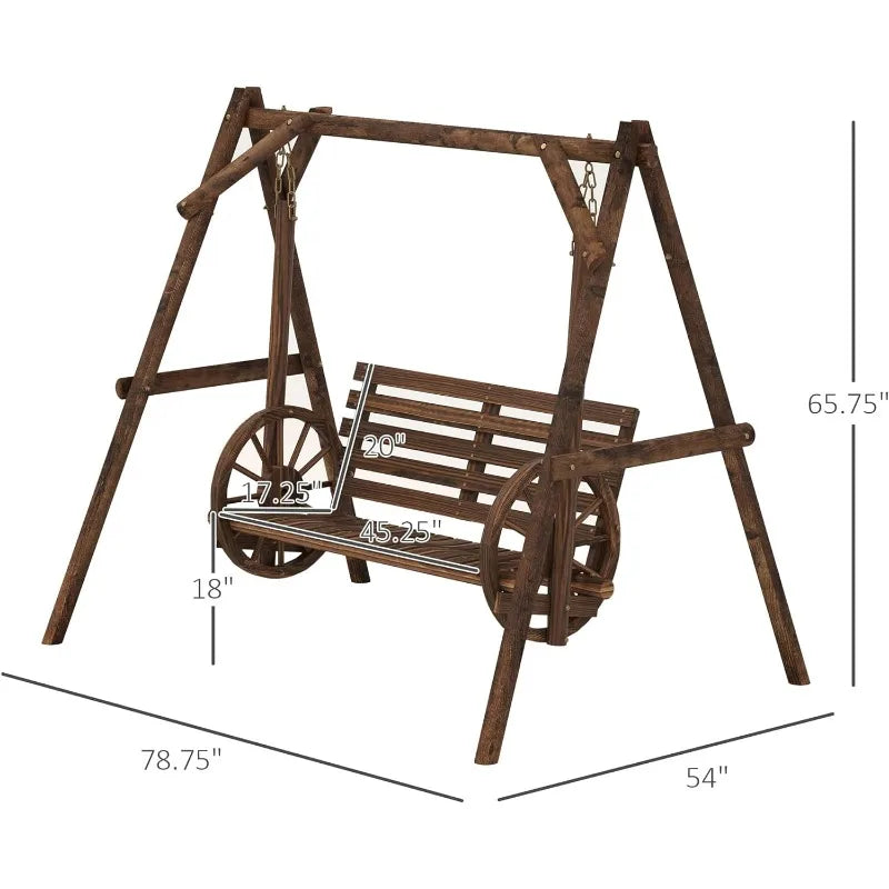 2-Seat swing Chair with A-Frame Stand, Wooden Log Chair Bench w Wagon Shaped Armrests for Garden, Poolside