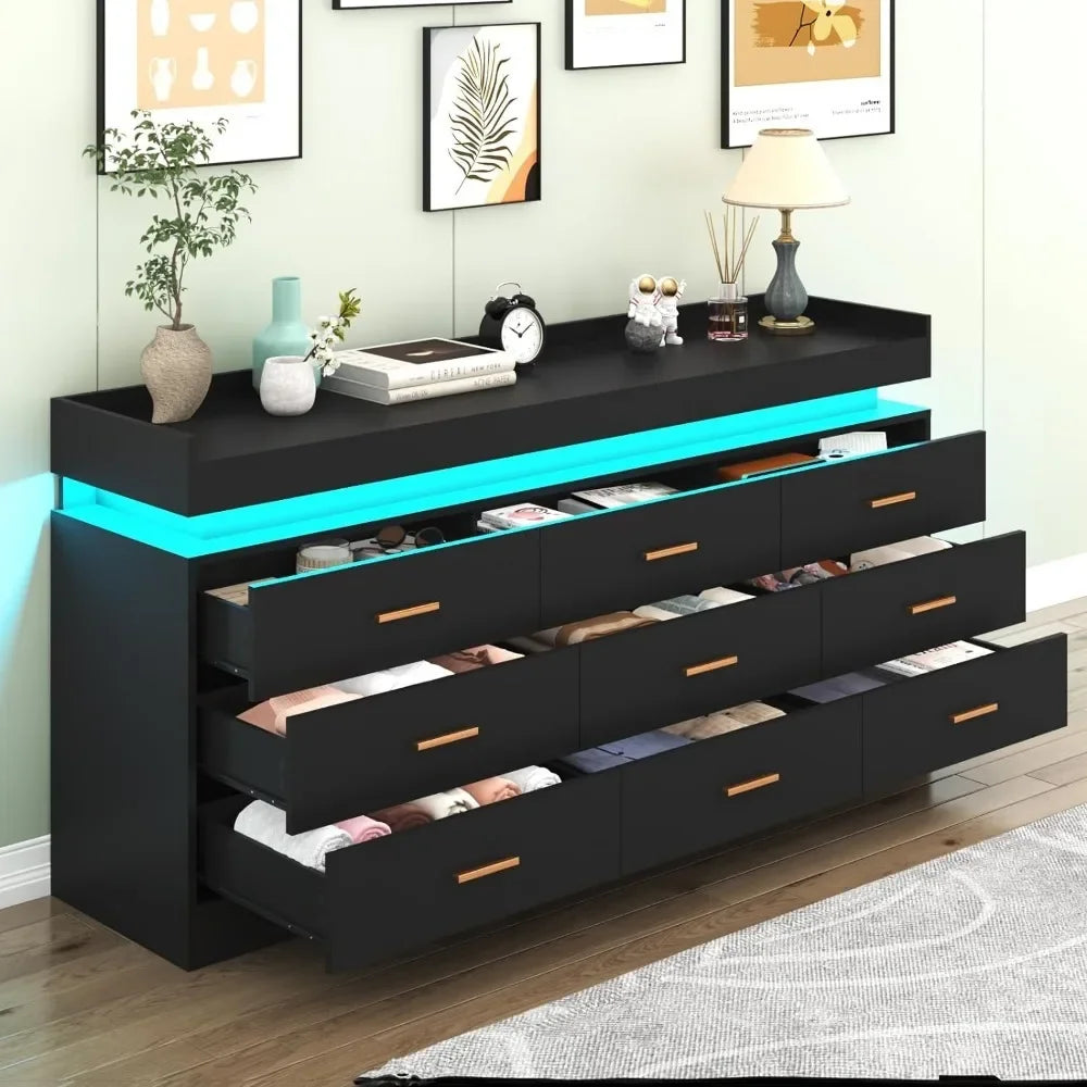 Modern Dresser 9 Drawer with LED Light, Organizer Cabinet, Chest of Wood Drawers