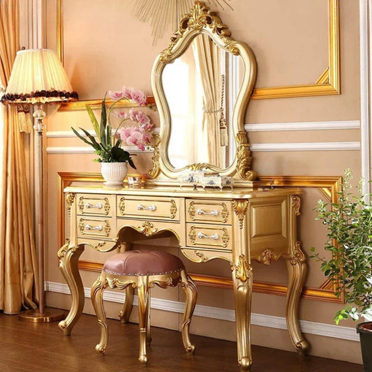 Nordic Wood European Vanity. Luxury  Dressing Table. Mirror Princess Salon