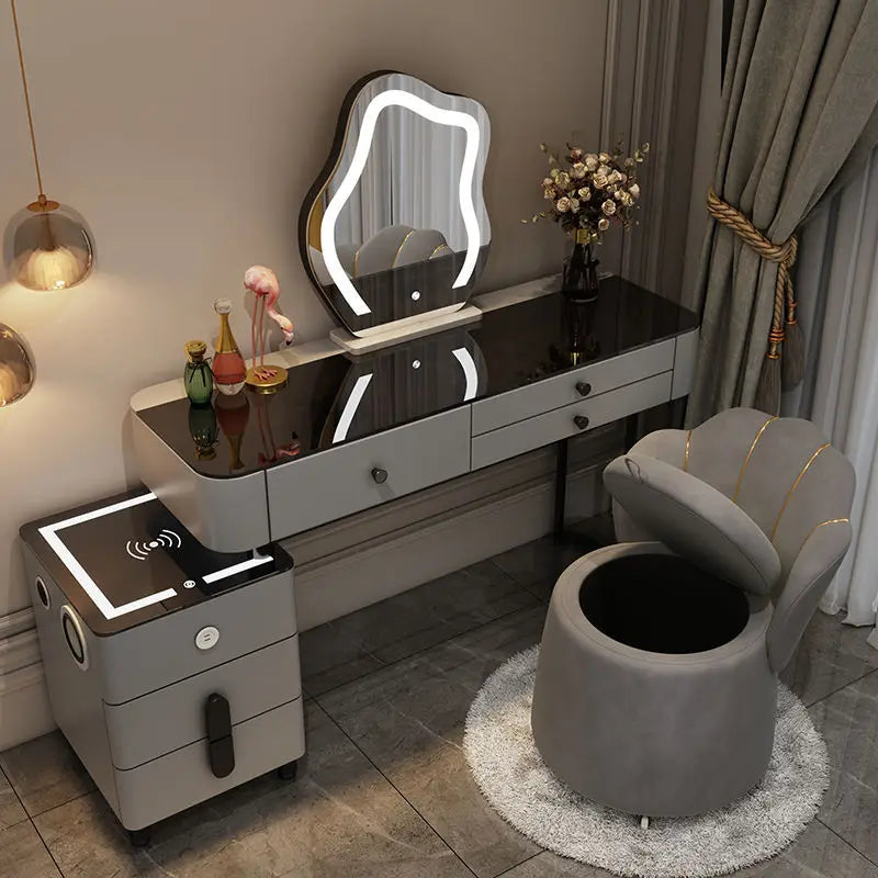 Nordic Vanity Glass Luxury table with charging wireless, nightstand with cloud mirror