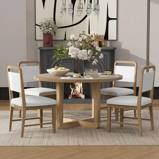 Radial Wood Grain Design, 5 piece table set for 4, round table and 4 upholstered chairs