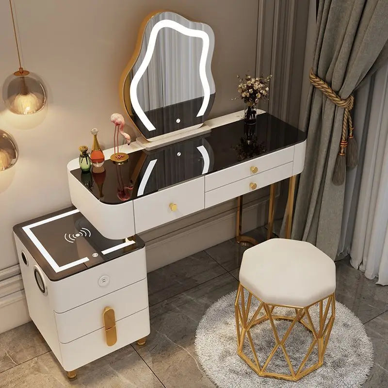 Nordic Vanity Glass Luxury table with charging wireless, nightstand with cloud mirror