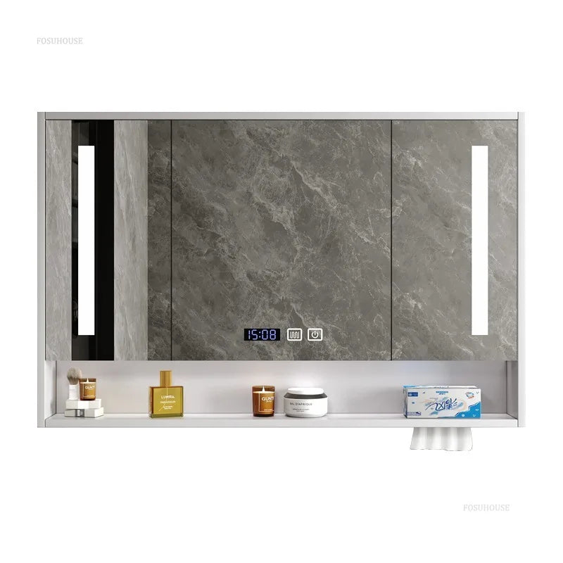 Solid Wood  Cabinets Luxury Toilet and Wall Mirror Cabinet,  Defogging Storage Rack