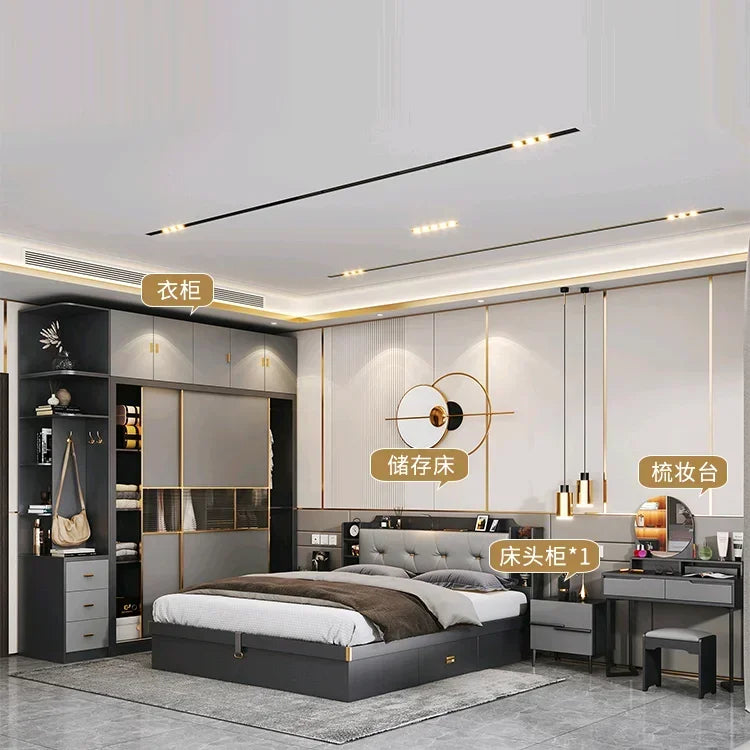 Minimalist Double Bedroom Set  elegant Black  Modern Full  Set Design Dresser Storage