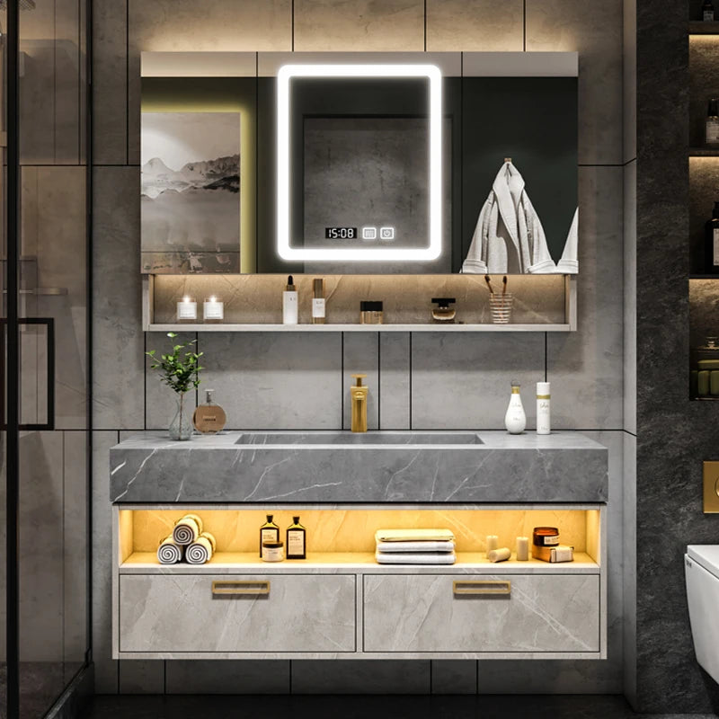 Solid Wood Vanity Cabinet With Wash Basin, Mirror, Light