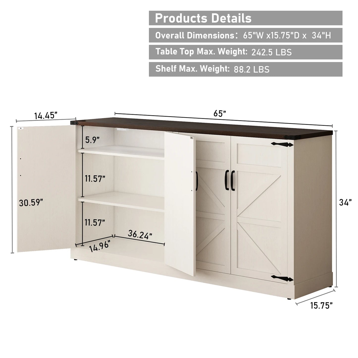 Sideboard Buffet Cabinet with Storage, Large Farmhouse Buffet Table Coffee Bar Modern Accent Cabinets