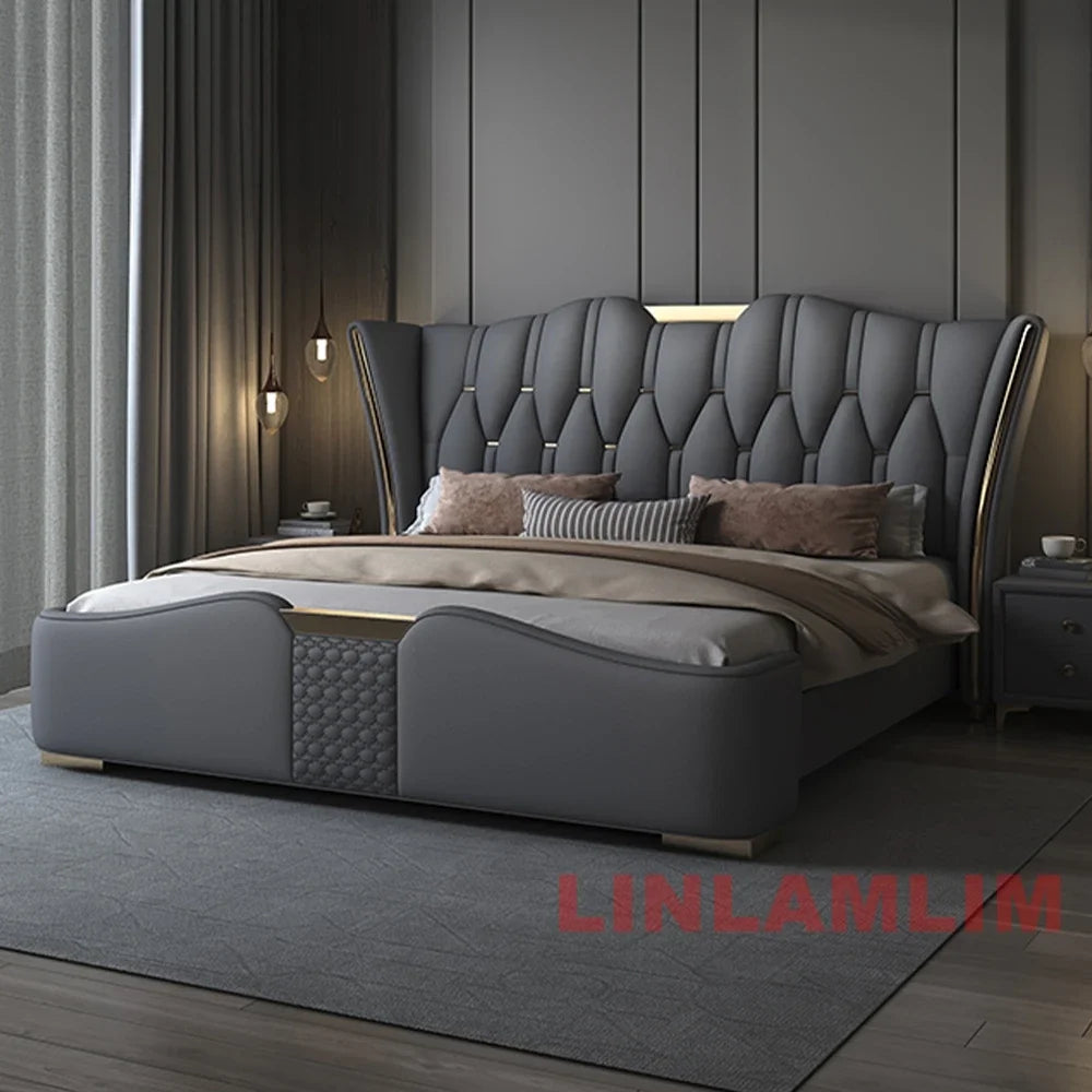 MINGDIBAO Luxury Modern Upholstered Bed Frame with Gold Accents, Genuine Leather Designer  Queen/King Size Bed