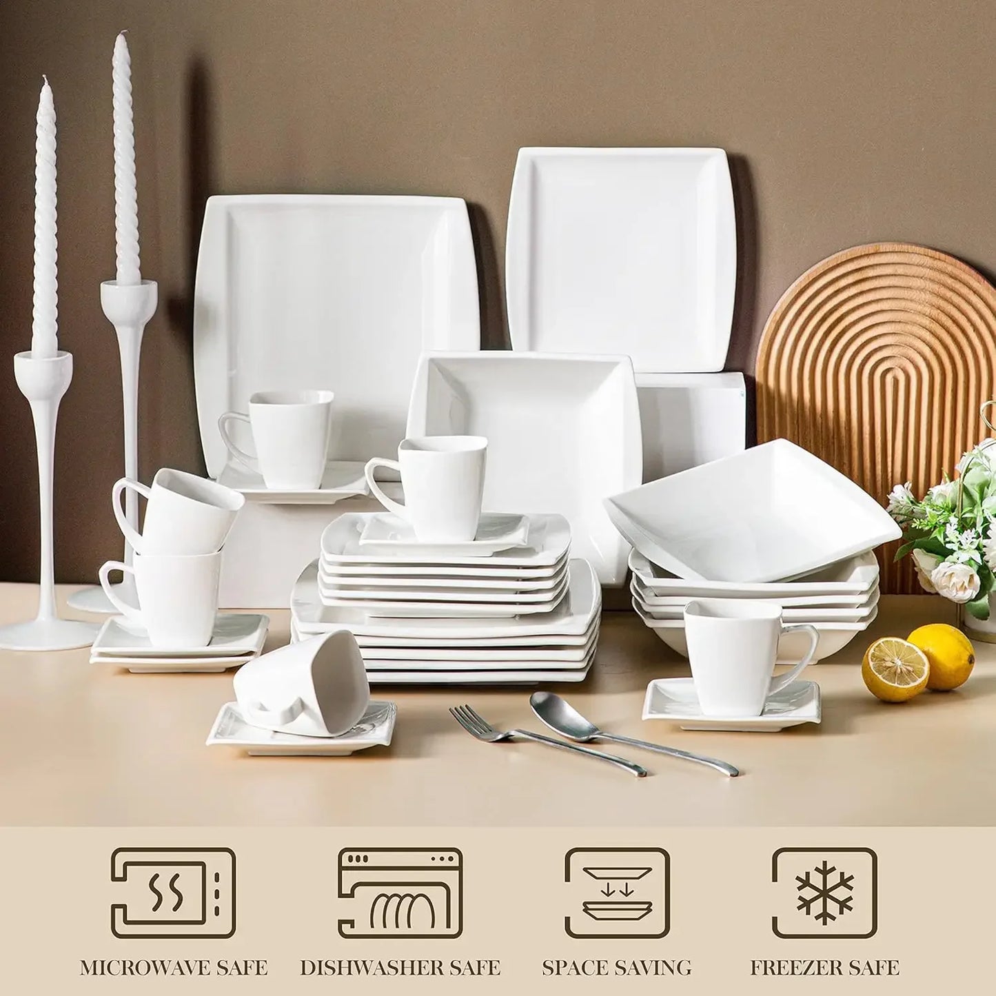 Ivory White Sets 60-Piece Porcelain Plates and Bowls  for 12 ,Square Dish Set  Dinner Plates,  Bowls .Cups